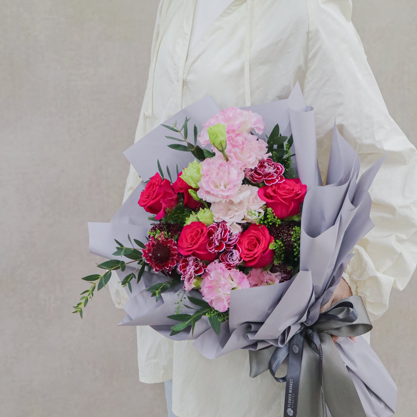 桃紅玫瑰粉桔梗花束 Magenta rose and pink eustoma bouquet
