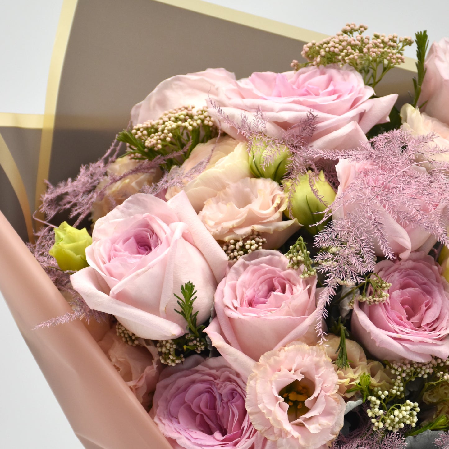 Pink garden rose and eustoma bouquet