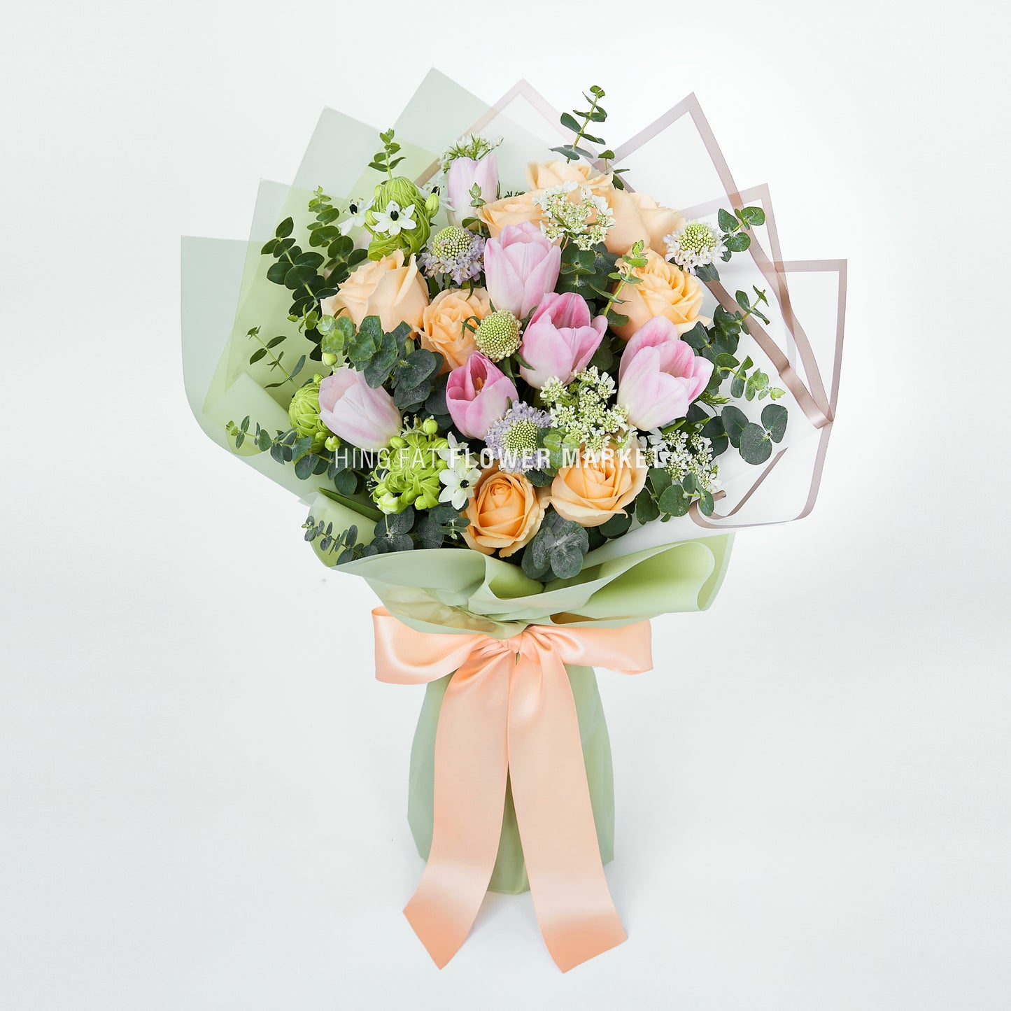 粉鬱金香香檳玫瑰花束 Pink tulip and champagne rose bouquet