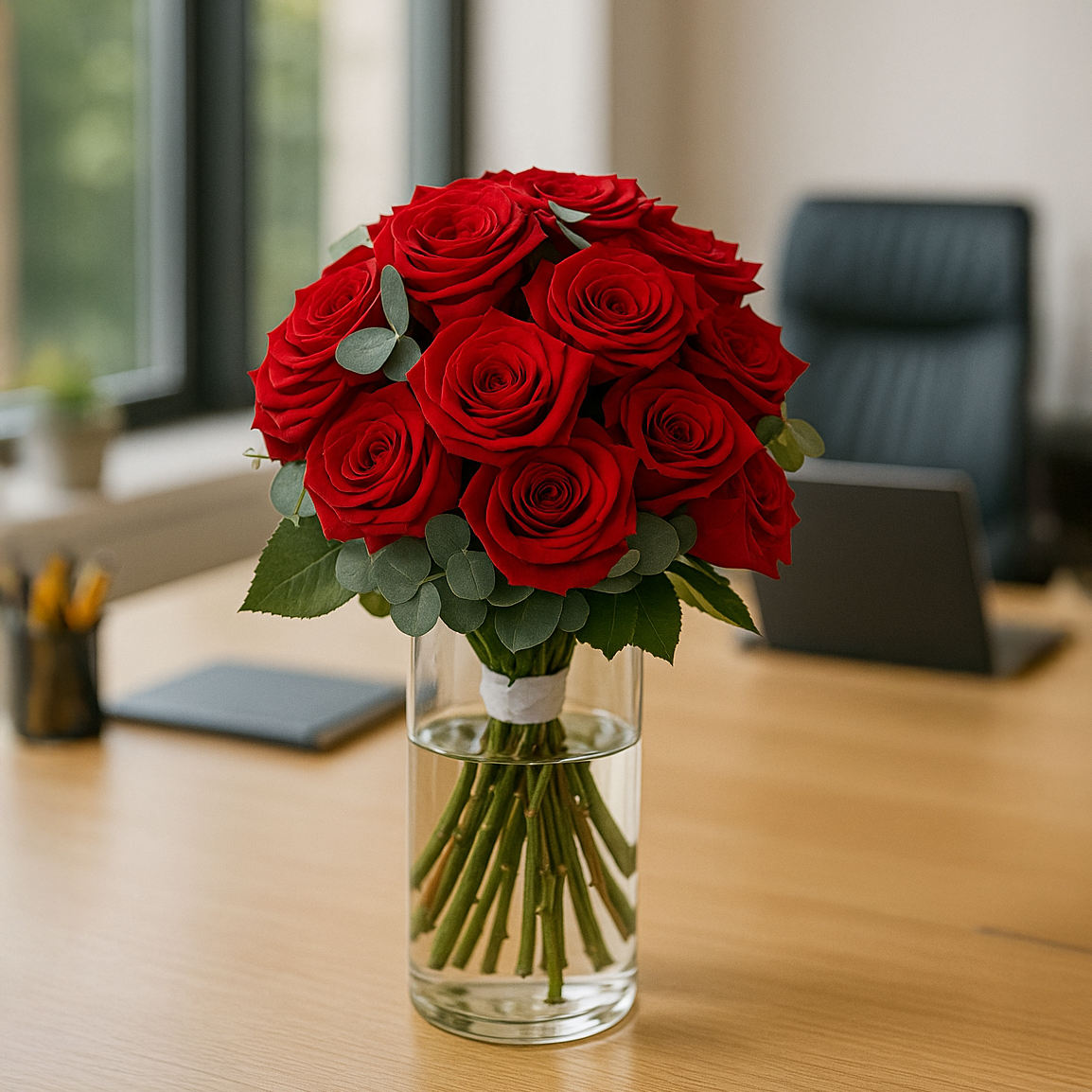 12 red roses with vase