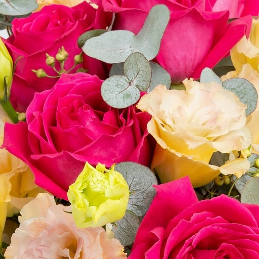 Magenta roses & eustoma with vase
