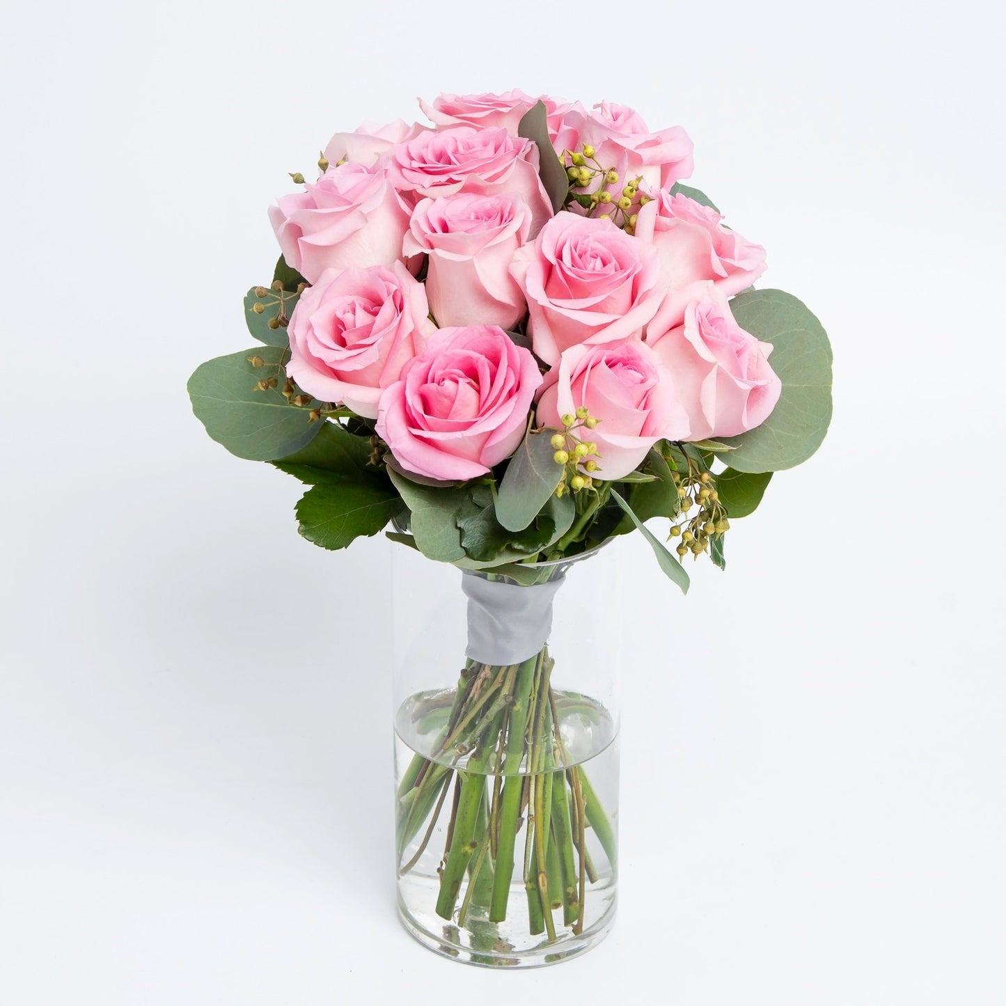 12 pink roses with vase