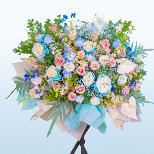 Basket of Light Blue & White Roses with Lisianthus