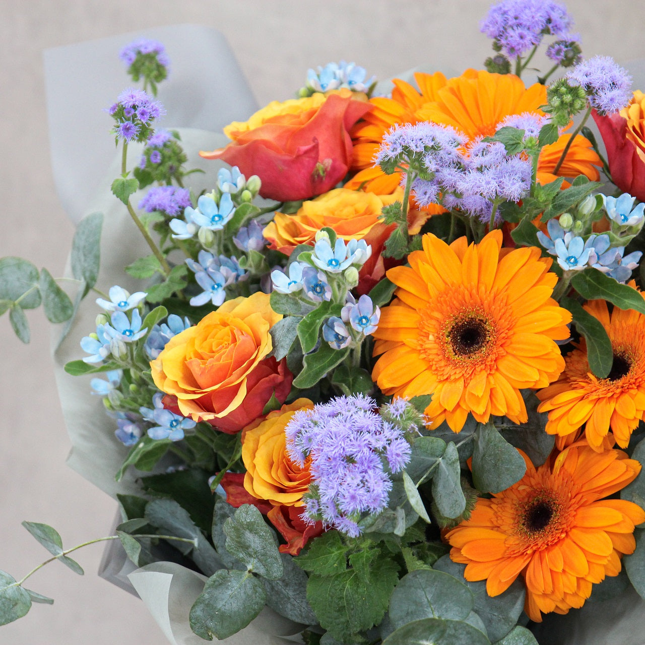 橙太陽菊藍星花束 Orange gerbera and tweedia bouquet