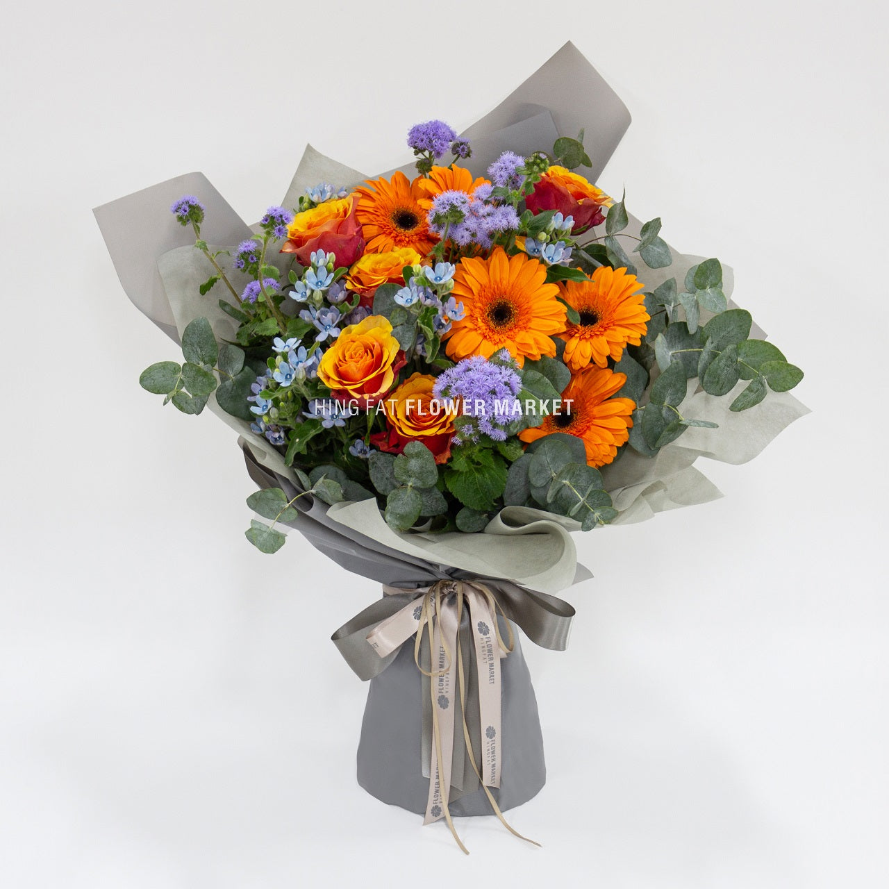 橙太陽菊藍星花束 Orange gerbera and tweedia bouquet