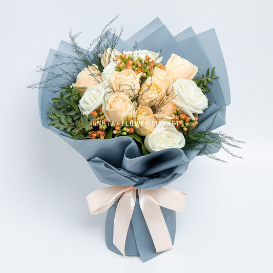 米白玫瑰家樂花花束 Cream rose and sedum bouquet