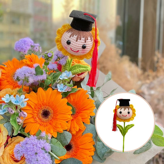 編織向日葵畢業公仔(白) Crochet sunflower graduation doll white