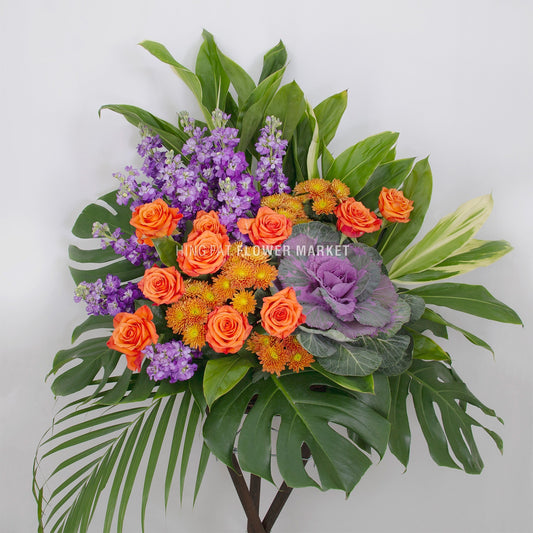 橙玫瑰日射花籃 Orange rose and stock flower stand