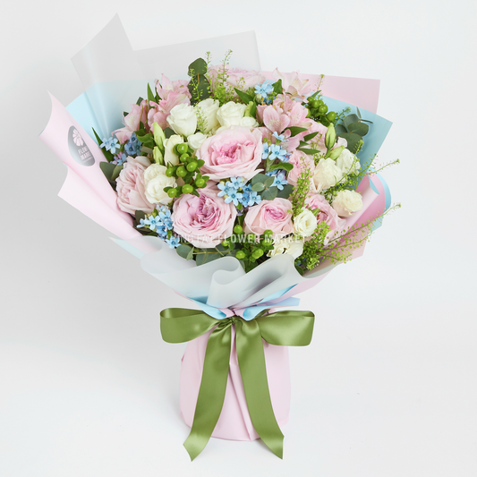 庭園玫瑰藍星花束 Pink O'hara and tweedia bouquet