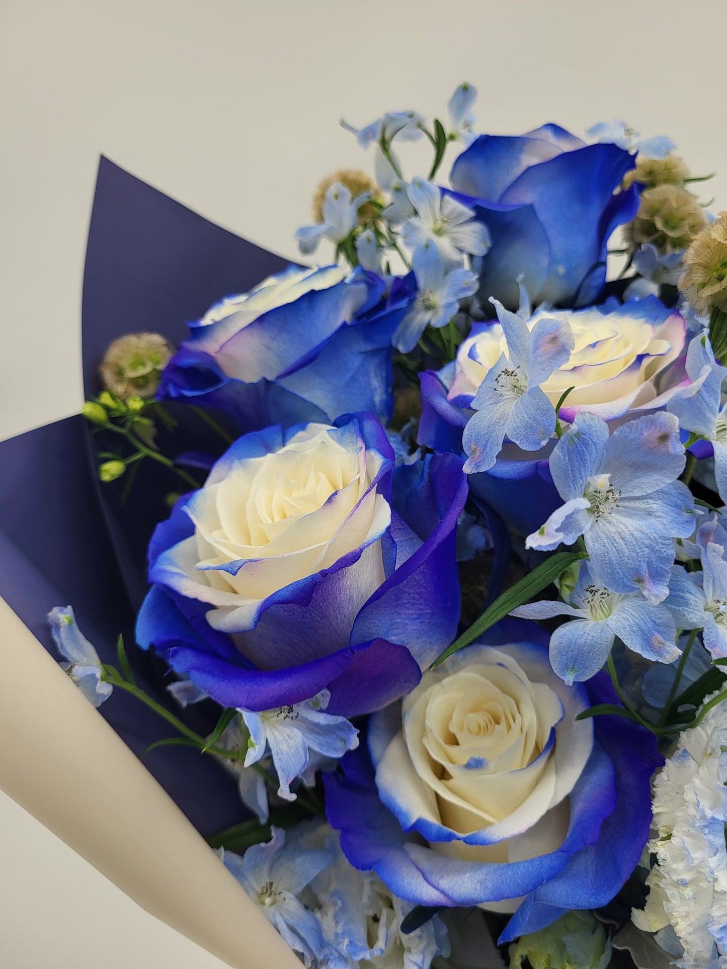 Purple Blue Rose and Delphinium spray bouquet