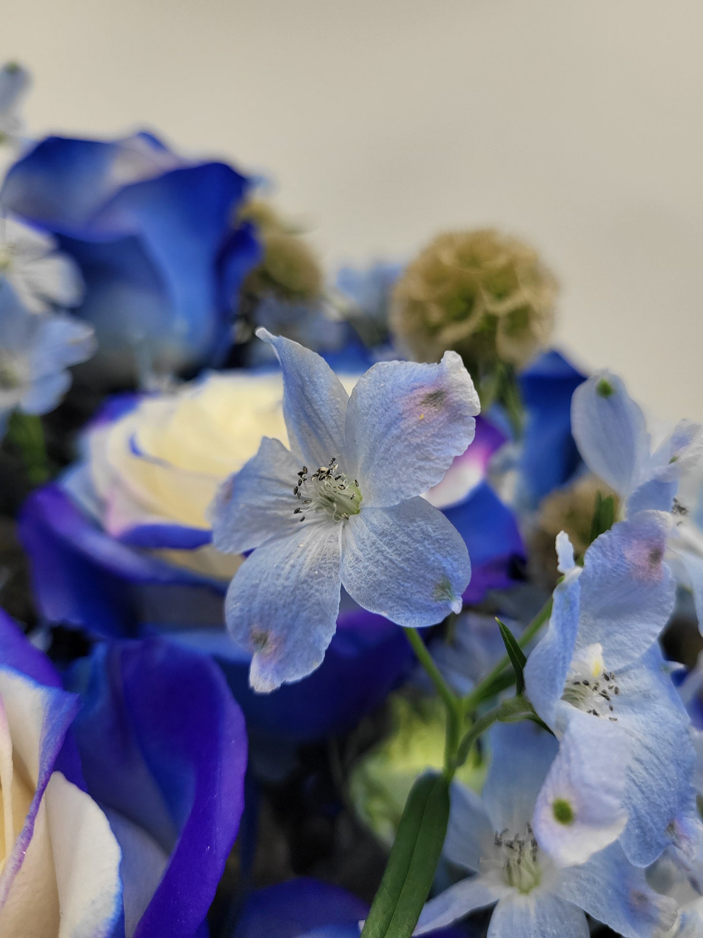 Purple Blue Rose and Delphinium spray bouquet