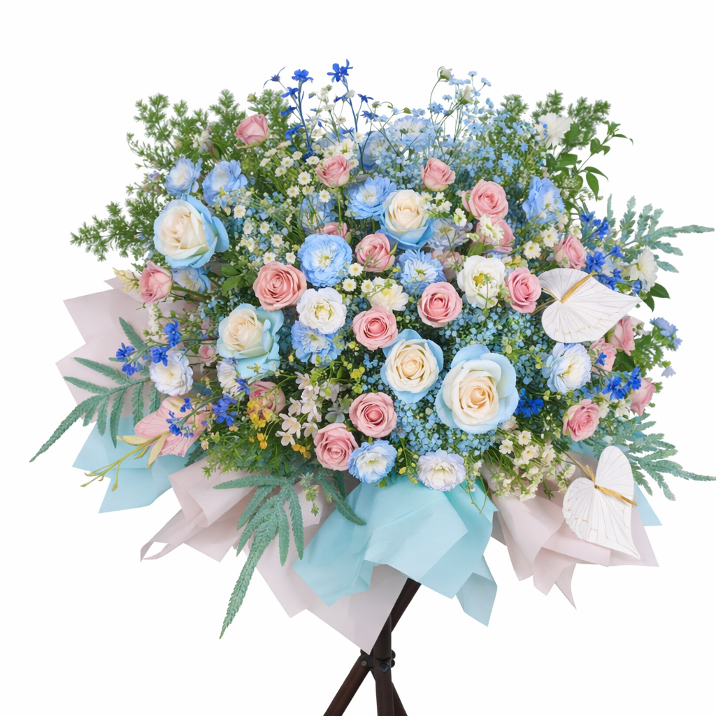Basket of Light Blue & White Roses with Lisianthus