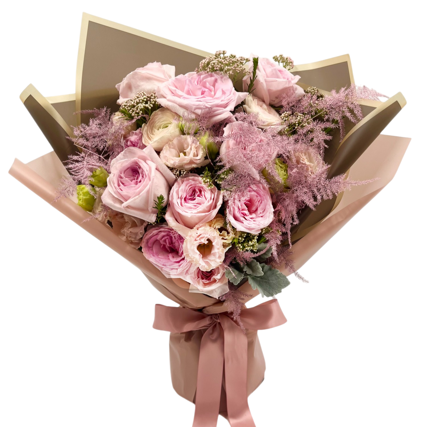 Pink garden rose and eustoma bouquet