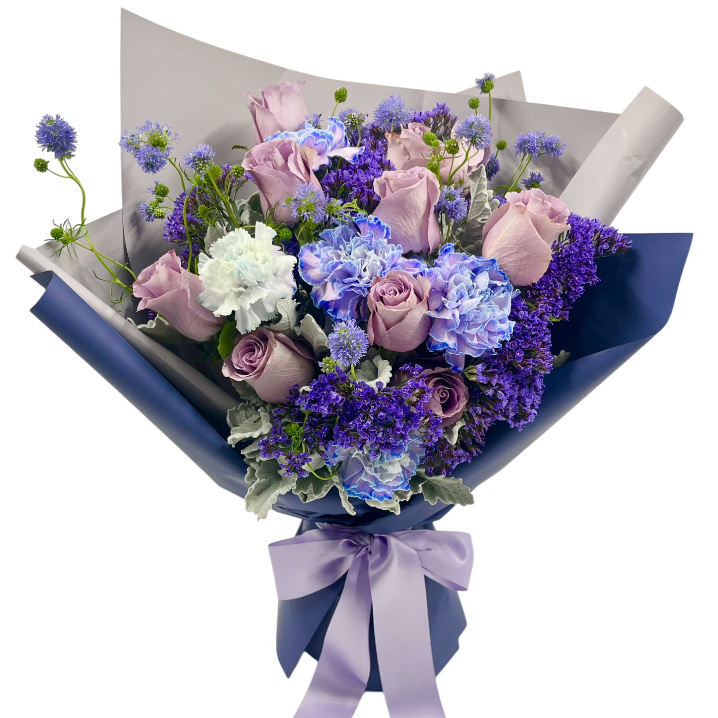 Purple Rose and Dyed Dianthus bouquet