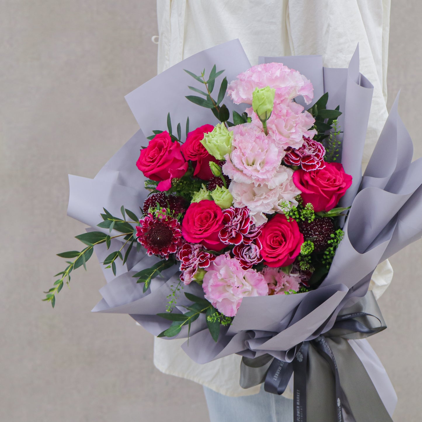 桃紅玫瑰粉桔梗花束 Magenta rose and pink eustoma bouquet
