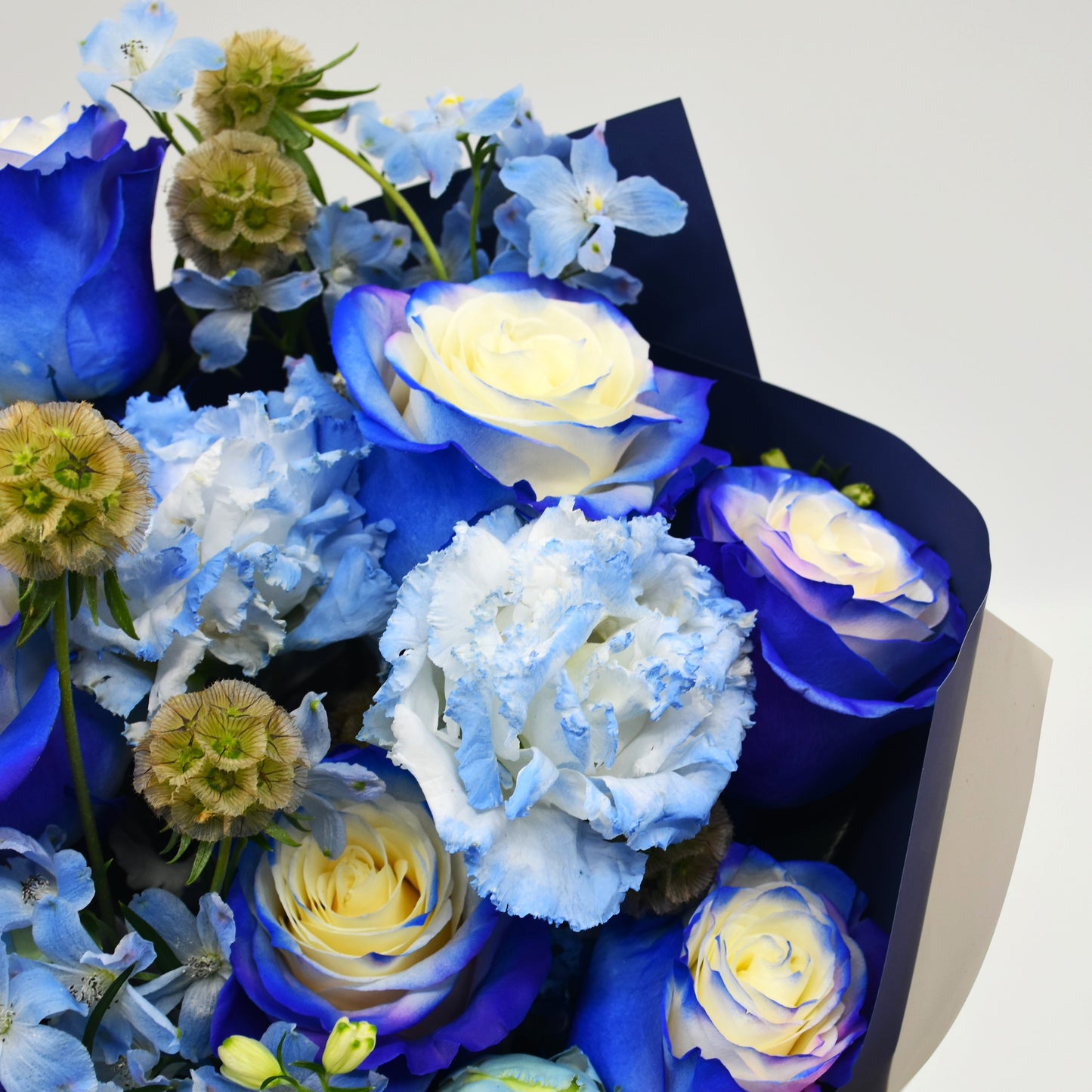 Purple Blue Rose and Delphinium spray bouquet