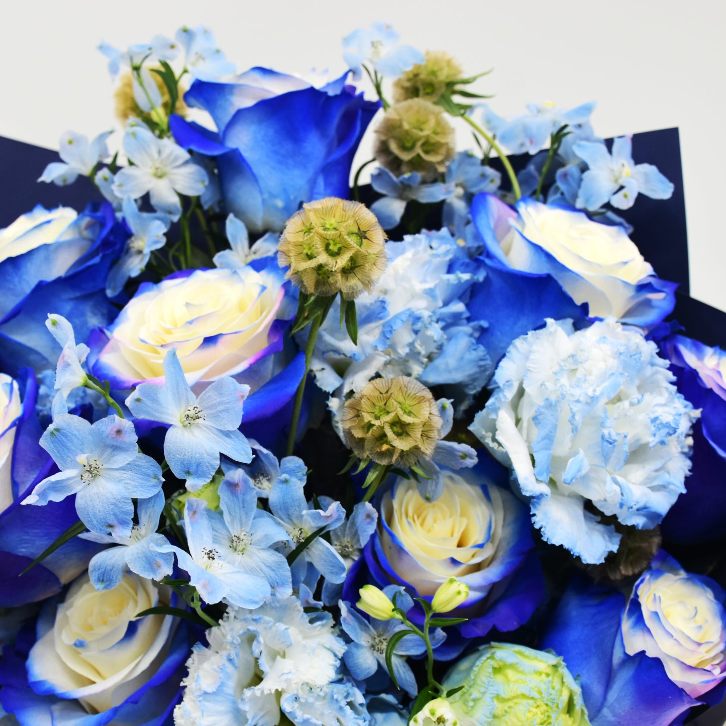 Purple Blue Rose and Delphinium spray bouquet