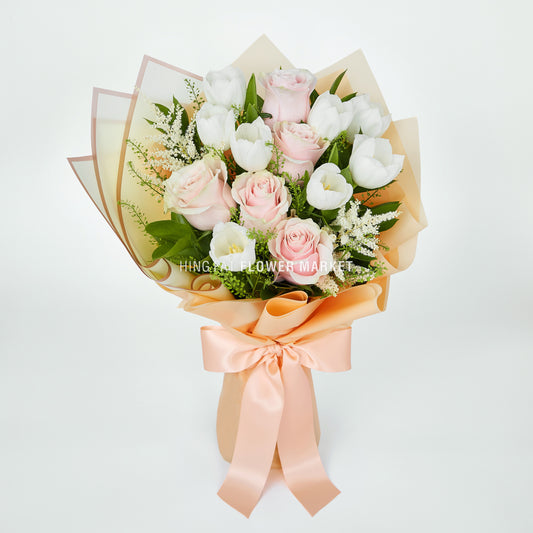 白鬱金香厄瓜多爾粉紅玫瑰花束 White tulip and Ecuador pink rose bouquet