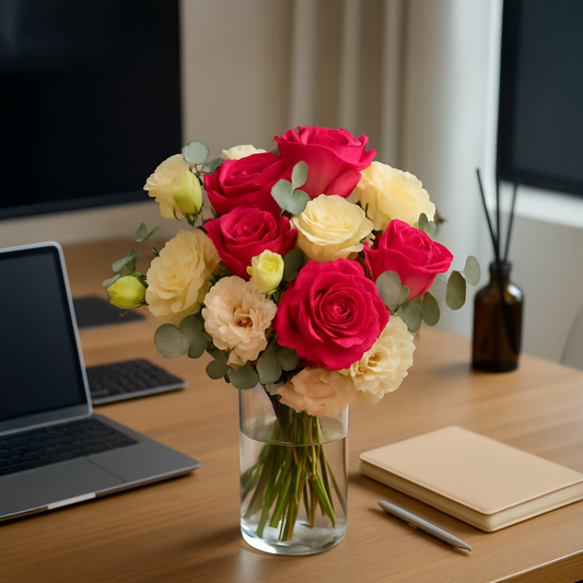 Magenta roses & eustoma with vase