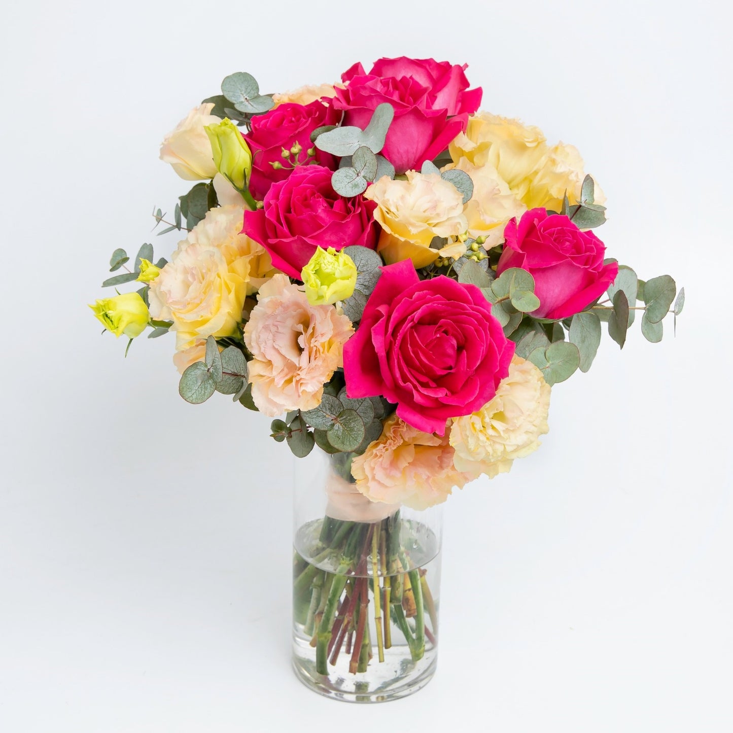 Magenta roses & eustoma with vase