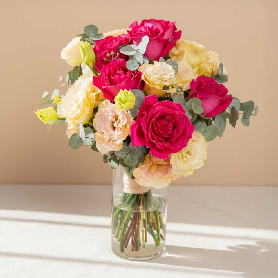 Magenta roses & eustoma with vase