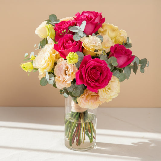 Magenta roses & eustoma with vase