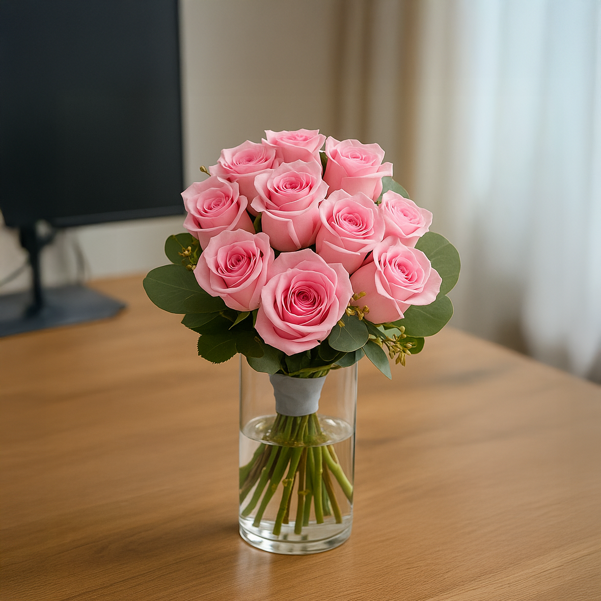 12 pink roses with vase