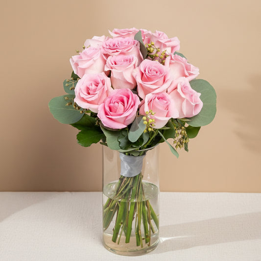 12 pink roses with vase