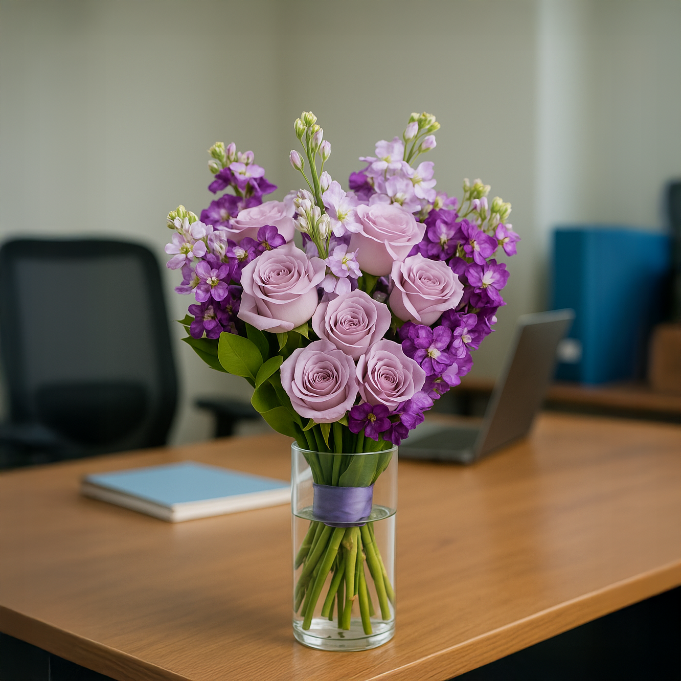 Purple roses & stock with vase