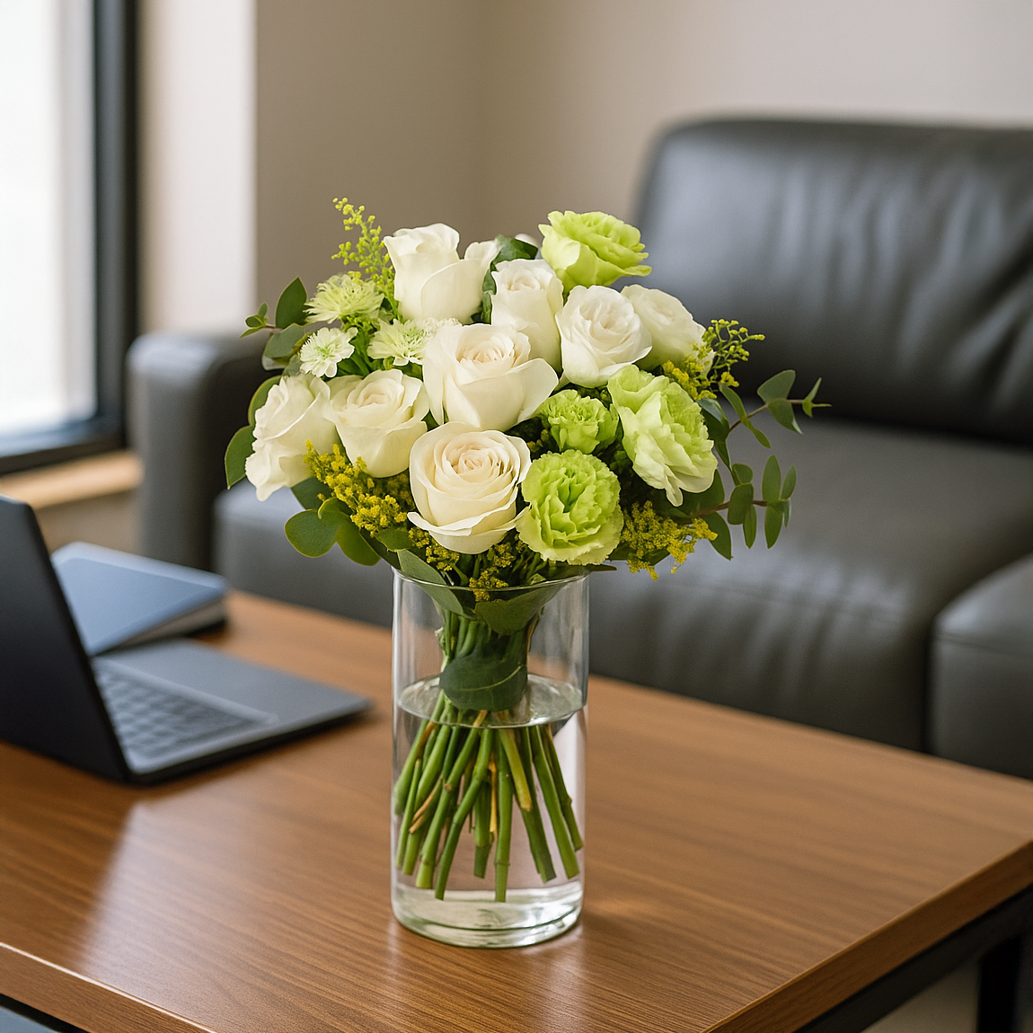 Cream roses & eustoma with vase