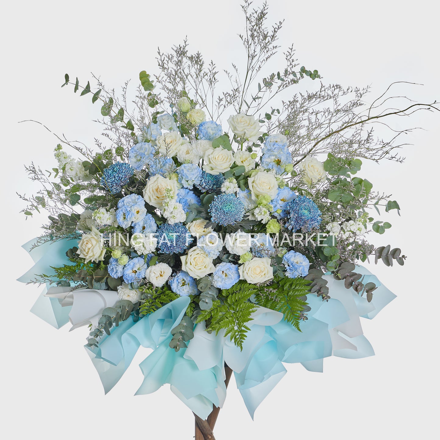 Mixed Blue eustoma with  White Roses Flower Stand