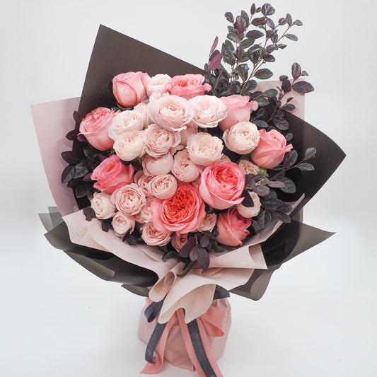 Pink garden rose and Spray Rose bouquet