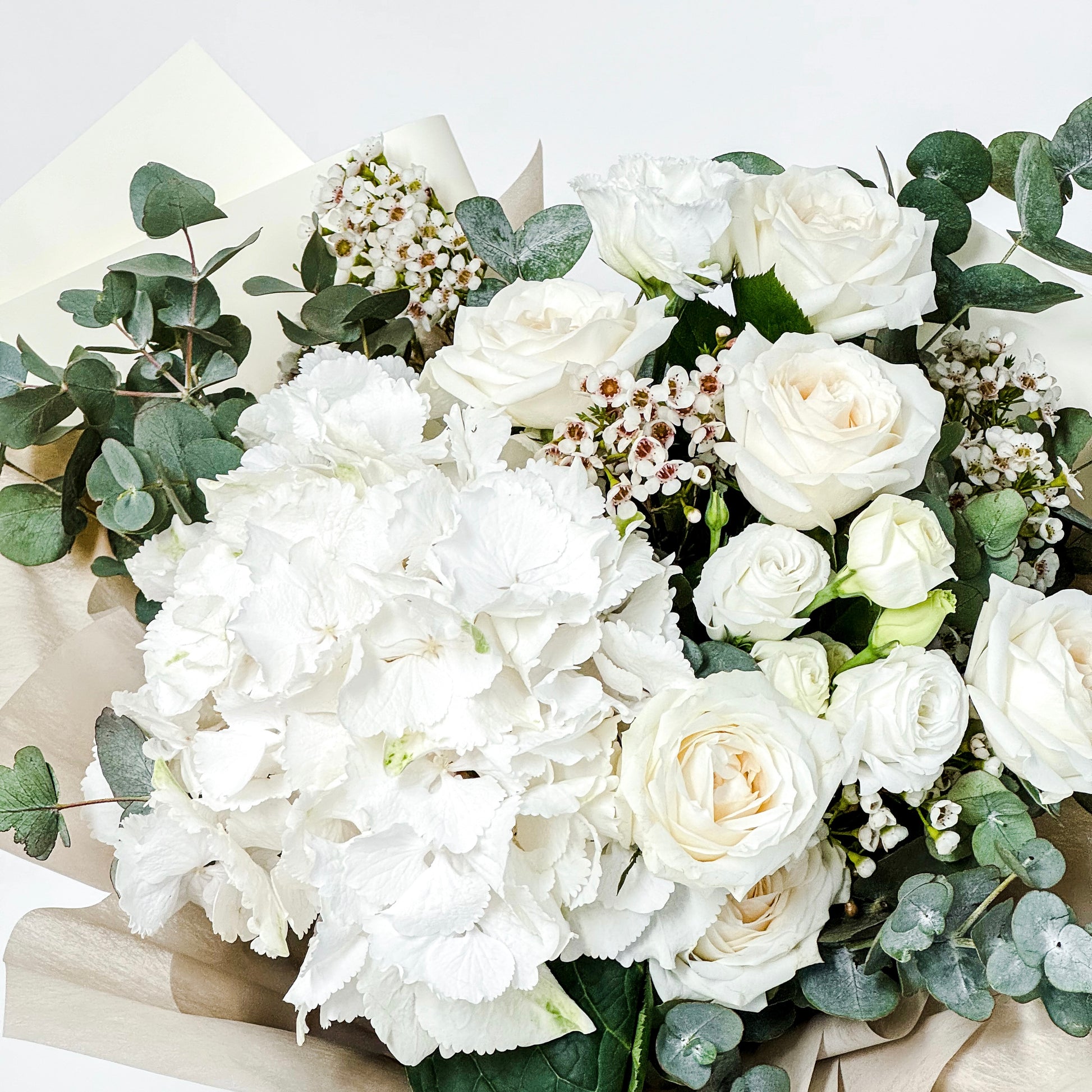 白色繡球米玫瑰花束 White hydrangea and rose bouquet close up