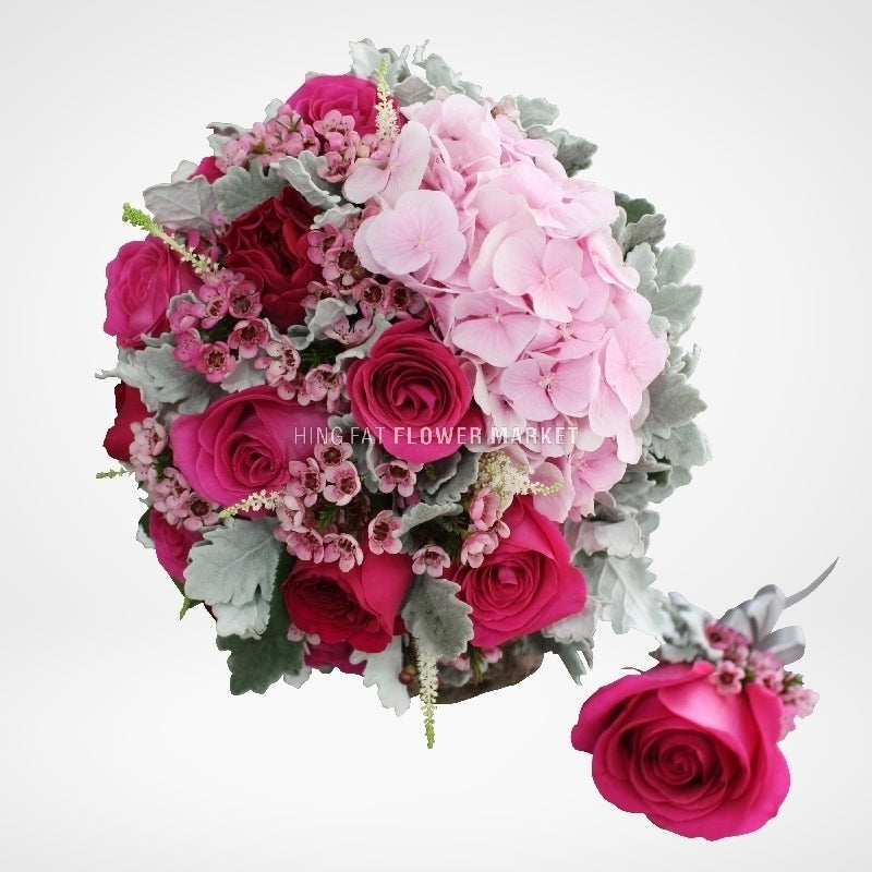 玫瑰繡球花球 Pink rose and hydrangea bridal bouquet