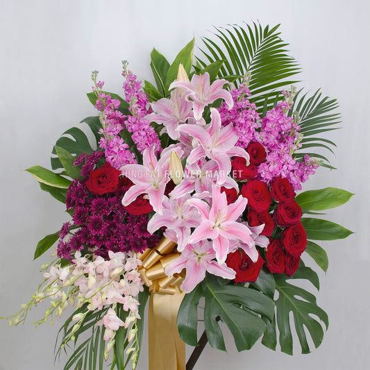 粉百合紅玫瑰花籃 Pink lily and rose flower stand