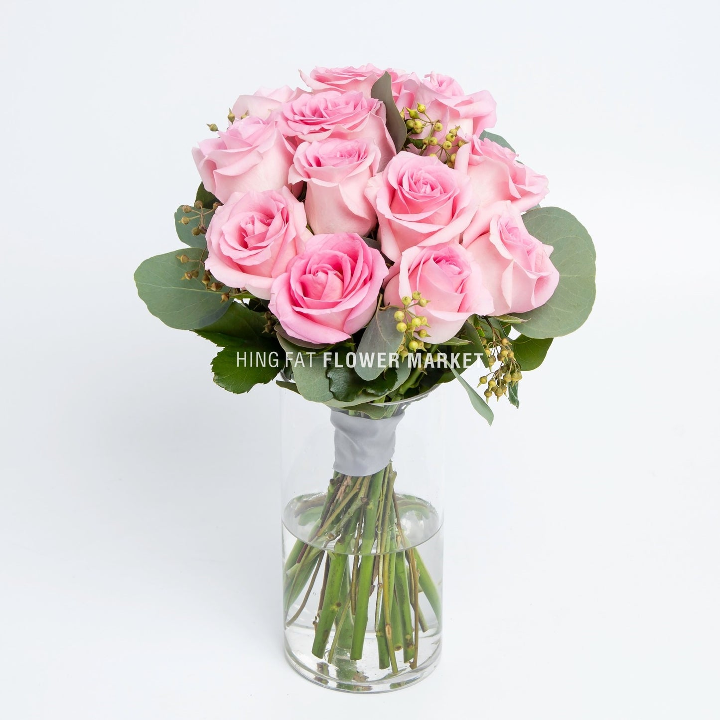 12 pink roses with vase