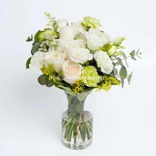 米白玫瑰桔梗連花瓶 Cream roses & eustoma with vase