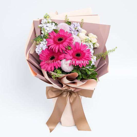 桃粉太陽菊日射花束 Fuchsia gerbera and stock bouquet