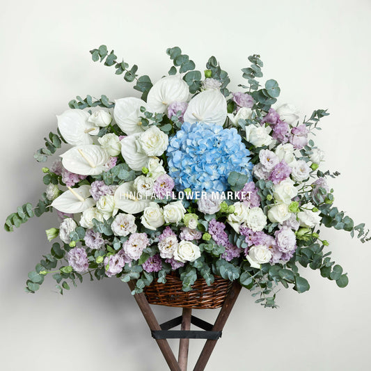 藍繡球白掌花籃 Blue hydrangea and white anthurium flower stand
