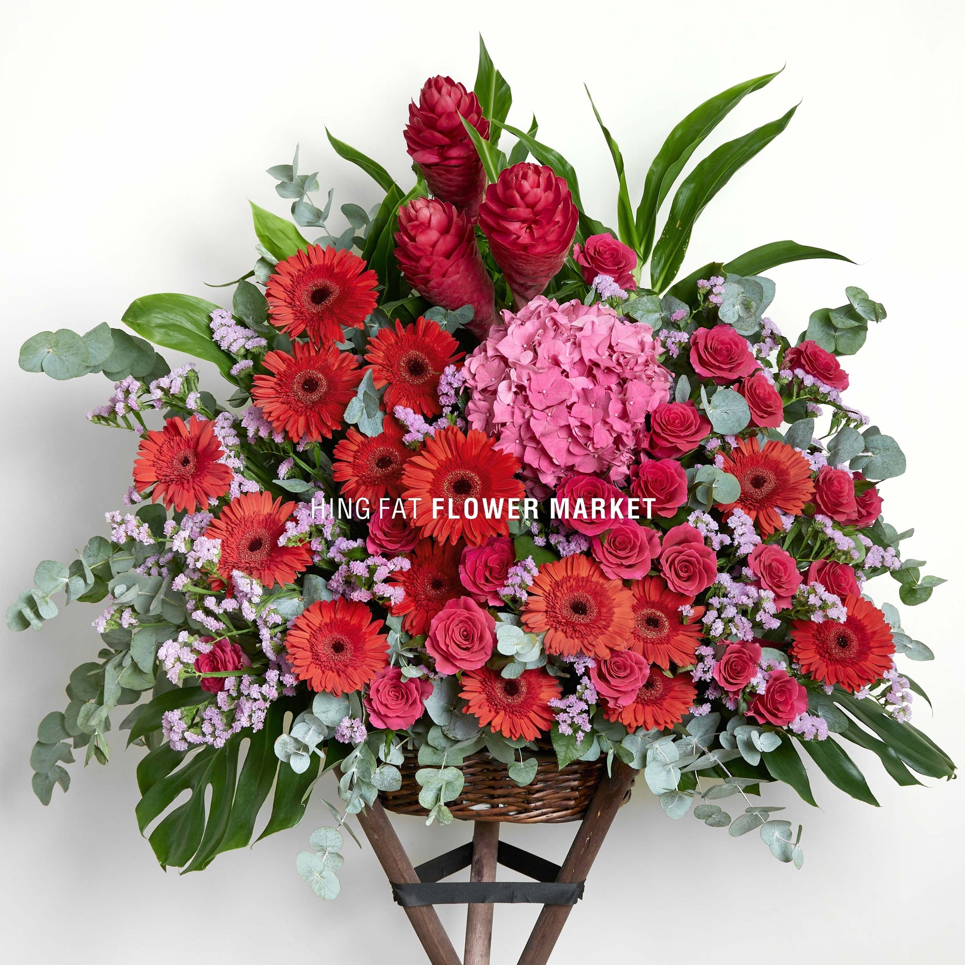 桃紅繡球太陽菊花籃 Magenta hydrangea and gerbera flower stand