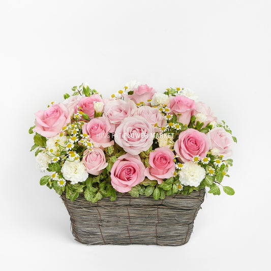 粉紅玫瑰蜜蜂菊花禮 Pink rose and daisy flower basket